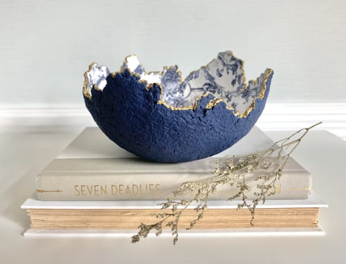 Blue Floral Decorative Eggshell Bowl Paper Mache Material | Decorative Objects by TM Olson Collection