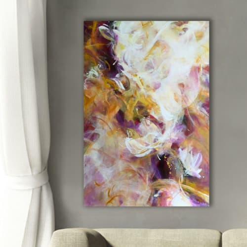 Abstract Art, Soft Layers in purple, gold, white, cranberry | Paintings by Lynette M