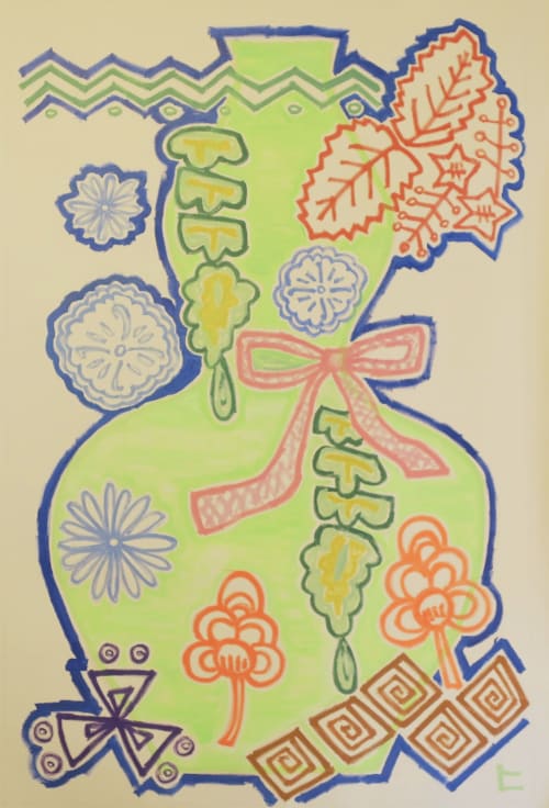 Gourd-shaped green bottle  with pink ribbon | Paintings by Hikaru O