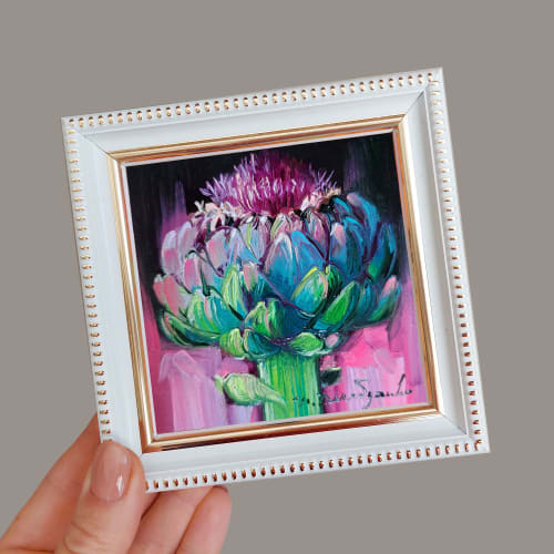 Artichoke pink oil painting original in frame 4x4 | Oil And Acrylic Painting in Paintings by Natart