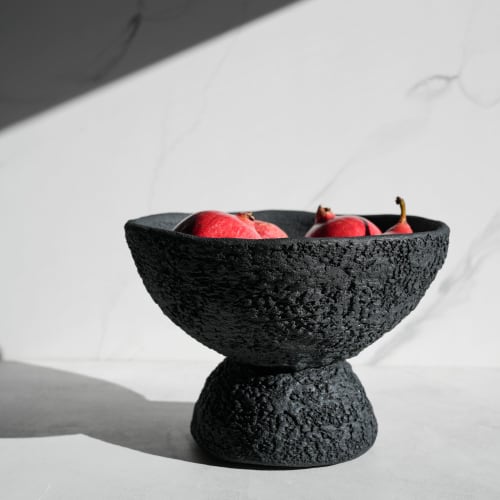 Sculptural Centerpiece Bowl in Textured Carbon Black Concret | Decorative Objects by Carolyn Powers Designs