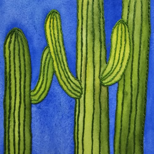 Desert Life- Hand embroidered Watercolor | Watercolor Painting in Paintings by Laila Vazquez