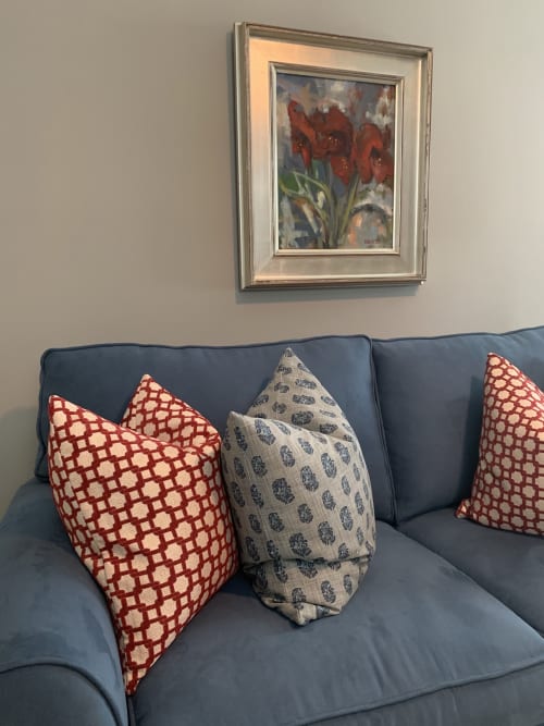 Colorful Amaryllis oil painting adds sophistication to sofa | Paintings by Nancy Everett