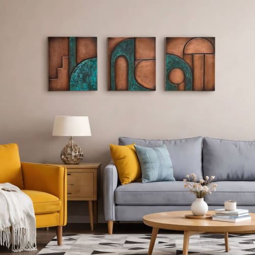 Abstract Geometric Copper Wall Sculpture with Verdigris | Wall Hangings by Element 29 Metalcraft