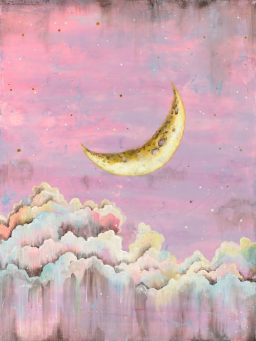 Cloudscape with waxing moon | Paintings by Sarah Stivers | Red E Café in Portland