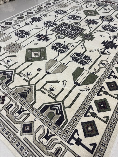 Sage Green Geometric Hand Knotted Wool Rug | Area Rug in Rugs by Krafcreation