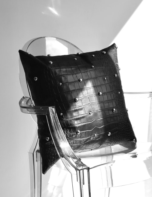 Black Embossed Leather Throw Pillow with Chrome Pearls | Cushion in Pillows by Metal Mingle Studio