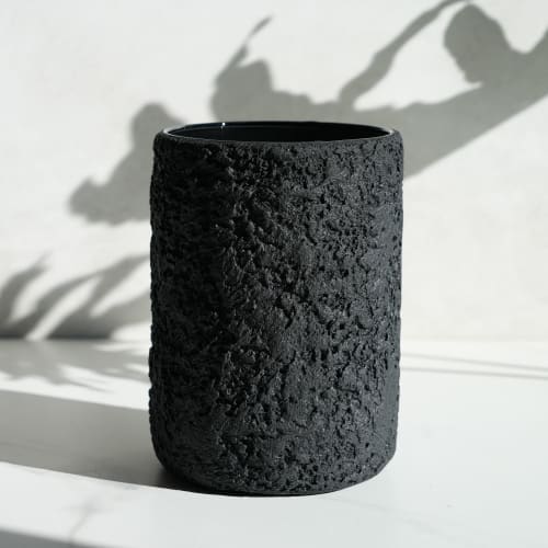Wide Cylinder Vase in Textured Carbon Black Concrete | Vases & Vessels by Carolyn Powers Designs