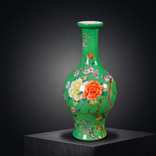Hand-Painted Green Famille Rose Bird & Peony Porcelain Vase | Vases & Vessels by Yuchen Y