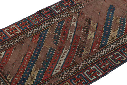 Antique Kazak Runner Rug with Red & Blue Geometric Patterns | Area Rug in Rugs by Rug and Kilim