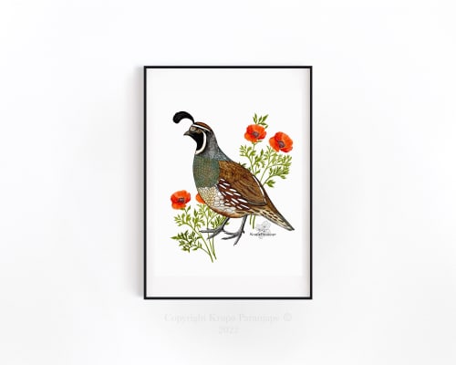 CALIFORNIA QUAIL AND RED POPPIES ART PRINT | Paintings by KRUPA PARANJAPE