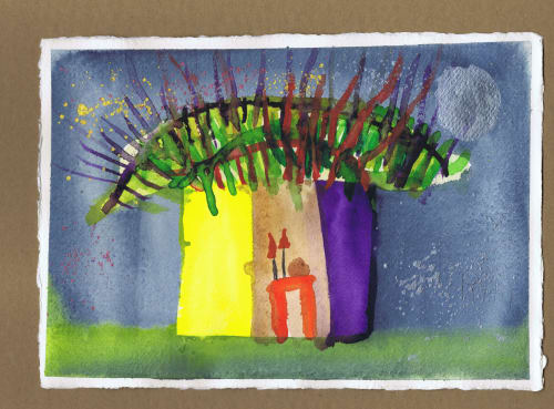 In the Sukkah - Original Watercolor | Watercolor Painting in Paintings by Rita Winkler - "My Art, My Shop" (original watercolors by artist with Down syndrome)