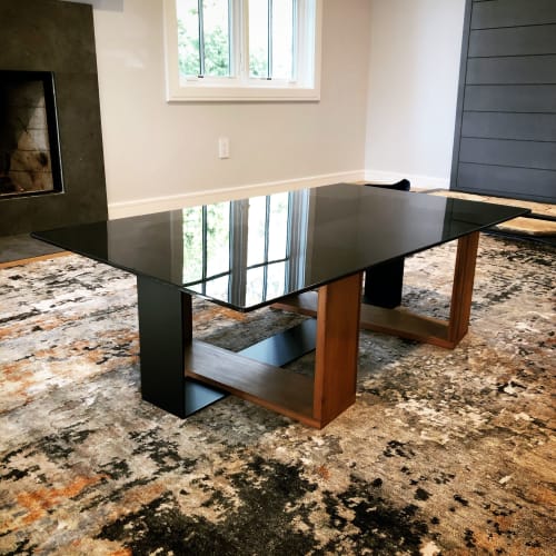 "Fog" Coffee Table in Redwood, Steel, Grey Glass | Tables by Joe Cauvel of Cauv Design