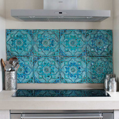 Kitchen backsplash using handmade spanish turquoise tiles | Tiles by GVEGA