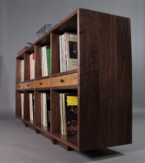 Solid walnut & oak record/media/bookcase | Storage by GideonRettichWoodworker