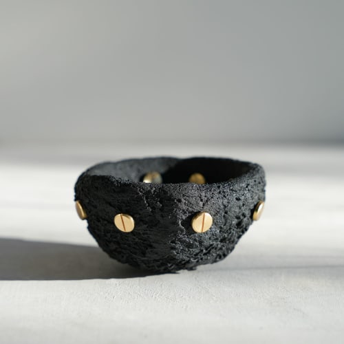 Small Treasure Bowl in Textured Black Concrete with Brass Ri | Decorative Objects by Carolyn Powers Designs