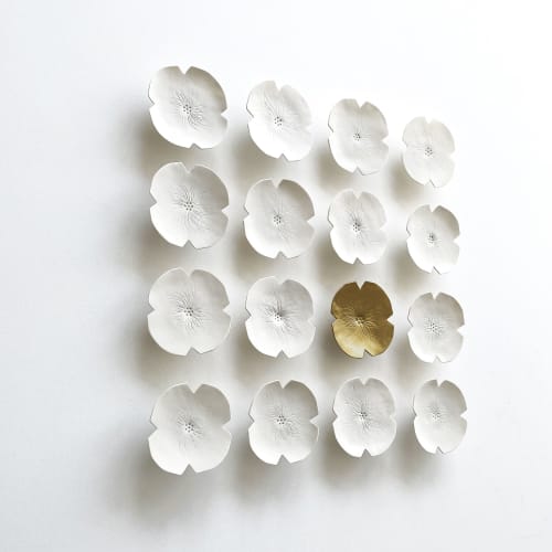 16 Ceramic Flowers White & Gold | Wall Hangings by Elizabeth Prince Ceramics