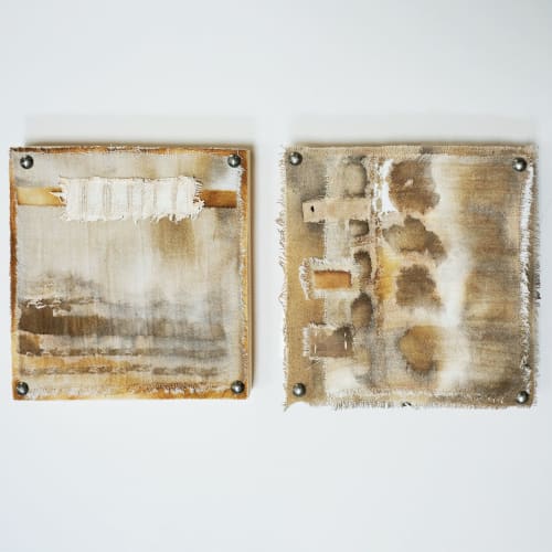 Long Ago; Rustic Mixed Media Textile Art on Wood - Set of 2 | Paintings by Michele Spurza