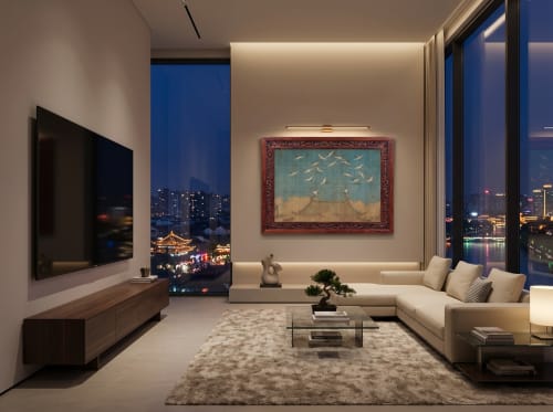 Cerulean Auspicious Cranes Song Dynasty Silk Fine Art | Oil And Acrylic Painting in Paintings by Dynasty Artisan