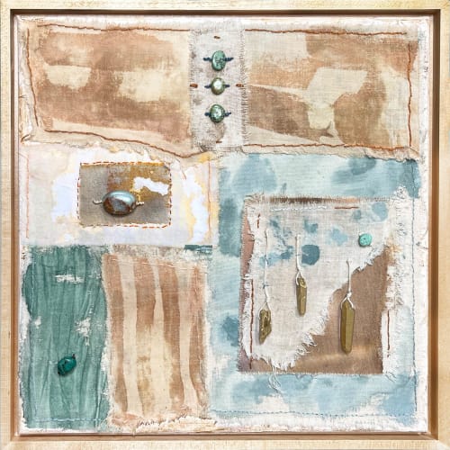 Rise; Hand Painted Fabric on Canvas- Turquoise and Crystals | Paintings by Michele Spurza