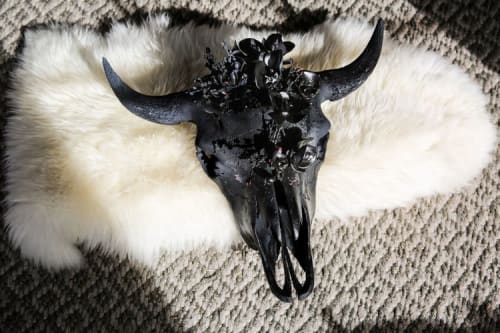 Buffalo Skull Black with Flower Crown | Ornament in Decorative Objects by Gypsy Mountain Skulls