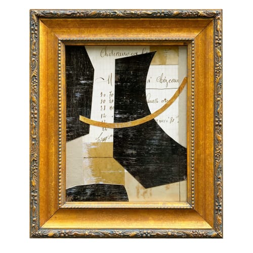 Black and White Abstract Collage II in Vintage Frame | Paintings by Suzanne Nicoll Studio