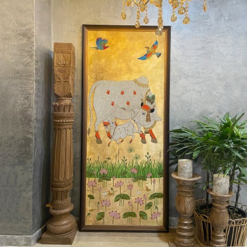 Surabhi Cow & Calf, The Hindu goddess of Abundance. Handmade | Embroidery in Wall Hangings by MagicSimSim