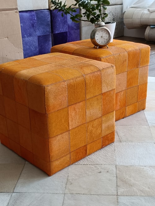 Handmade Leather Ottoman | Lax Design orange color | Benches & Ottomans by KAYMANTA