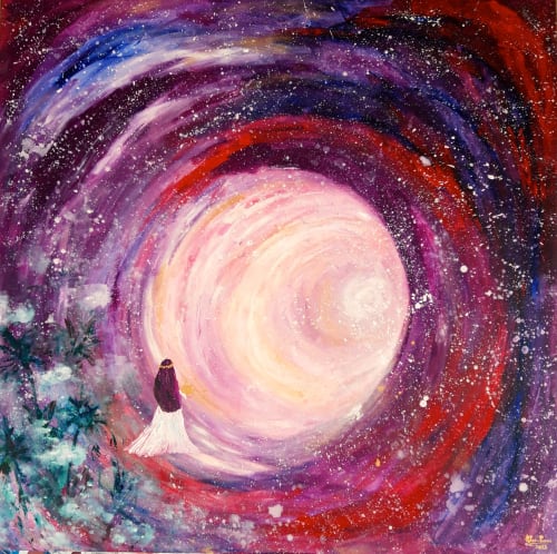 Between now and later, she knows the way (100x100x4 cm) | Oil And Acrylic Painting in Paintings by Elena Parau