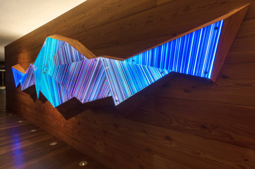BARCODES Purple Blue Scheme 3D Faceted Glass Lineal Sculpture Wall Light Installation | Interior Design by Studio Orfeo Quagliata