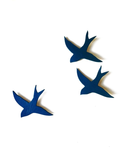 We Three Together - Set Of 3 Deep Navy Blue Swallow | Wall Sculpture in Wall Hangings by Elizabeth Prince Ceramics