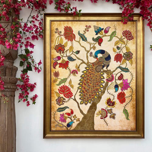 Handmade Bespoke Luxury Artwork from India “Mayura” Peacock | Embroidery in Wall Hangings by MagicSimSim