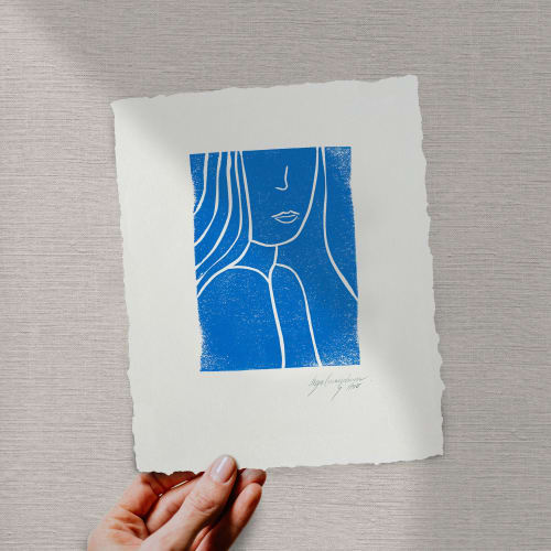 Lady in blue, Linocut, Ink on paper | Prints by Llinella