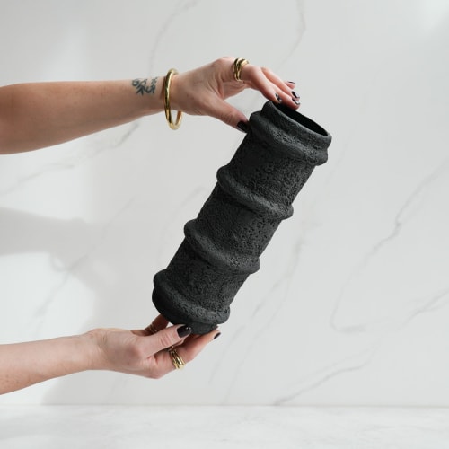 Striped Cylinder Vase in Textured Carbon Black Concrete | Vases & Vessels by Carolyn Powers Designs