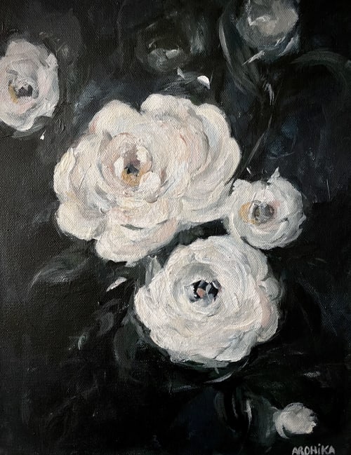 White flowers on dark background | Paintings by Arohika Verma