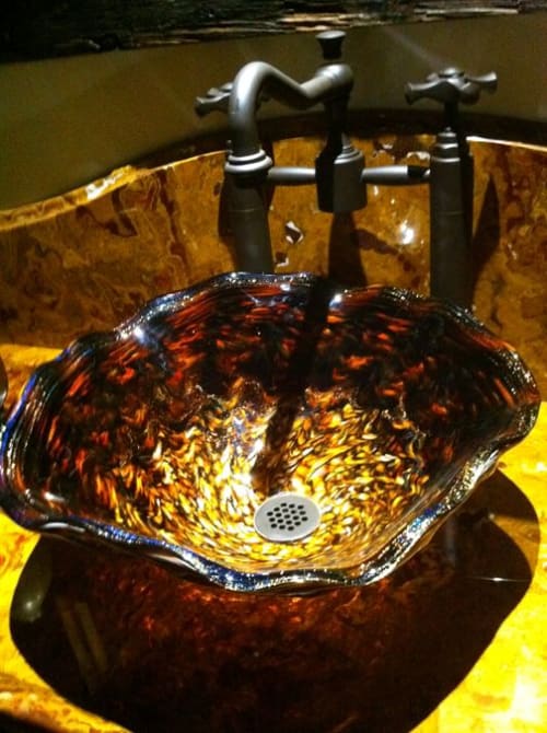 "Golden Amber" ~ Glass Sink | Water Fixtures by White Elk's Visions in Glass - Glass Artisan, Marty White Elk Holmes & COO, Jo Pierce