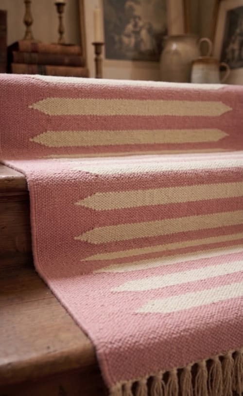 Handwoven Woolen Pink & White Runner Rug | Rugs by Evergreen Carpets