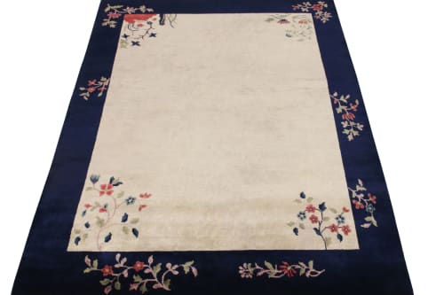 Vintage Chinese Deco style rug, Off-White Field, Blue Border | Area Rug in Rugs by Rug and Kilim