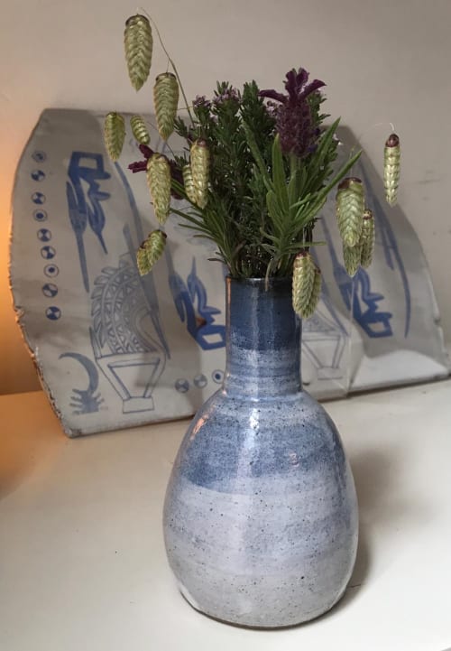 Blue and white long neck bottle vase. | Vases & Vessels by SAZi Studio