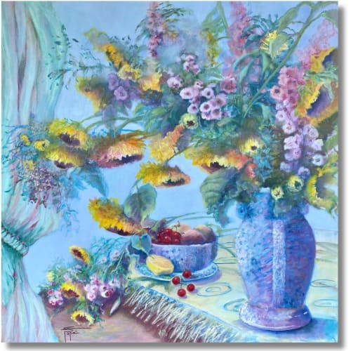 Le Vase Bleu-Blue Vase with sunflowers | Paintings by Christiane Papé