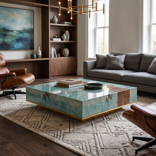 Song Style Blue Green Landscape Amazonite Coffee Table | Tables by Dynasty Artisan