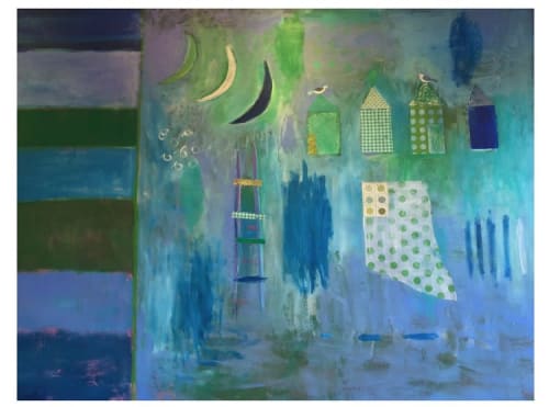Summer in Maine - Light Blue Moon Summer Houses | Mixed Media by Pam (Pamela) Smilow