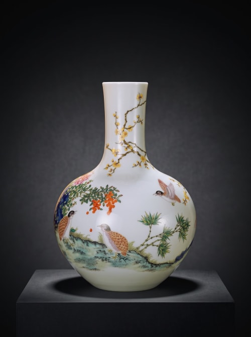 Imperial Style Famille Rose Quail Plum bamboo Porcelain Vase | Vases & Vessels by Dynasty Artisan