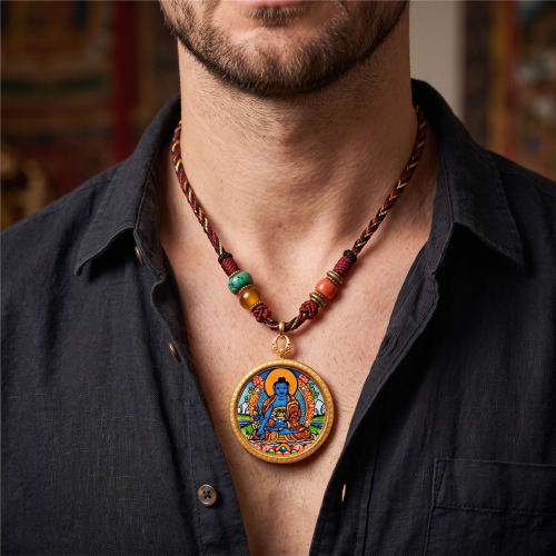 Medicine Buddha Thangka Gold Pendant Vitality Amulet Pedant | Ornament in Decorative Objects by Dynasty Artisan