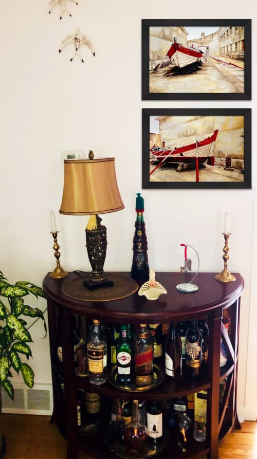 Anchored Boat at The Peniche Fortress (1 & 2) - diptych | Drawings by Melissa Patel