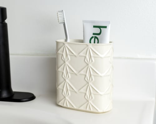 Patterned Tooth Brush Holder with Semi-gloss White Glaze | Toiletry in Storage by M.L. Pots