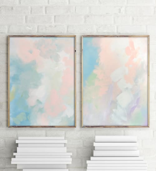 "Abstract Peach Pair" - Set of two Framed Prints on Canvas | Paintings by Nicolette Atelier