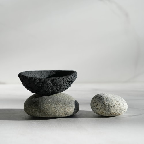 Small Oval Treasure Bowl in Textured Black Concrete | Decorative Objects by Carolyn Powers Designs