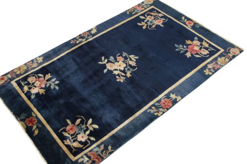 Vintage Chinese Deco style rug in Deep Blue, Pink and Gold | Area Rug in Rugs by Rug and Kilim