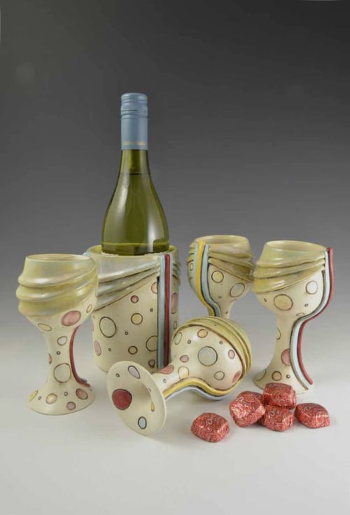 Polka Dot Ceramic Wine Goblets & Matching Cooler | Cups by Geometric Illusion Ceramics (Tania Rustage)